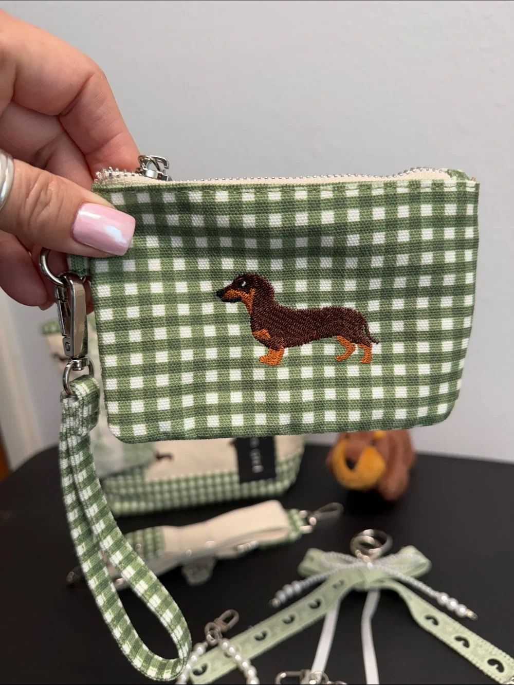 Madden Girl | Green Gingham Dachshund Canvas Tote | Wristlet, Bag Charms & More